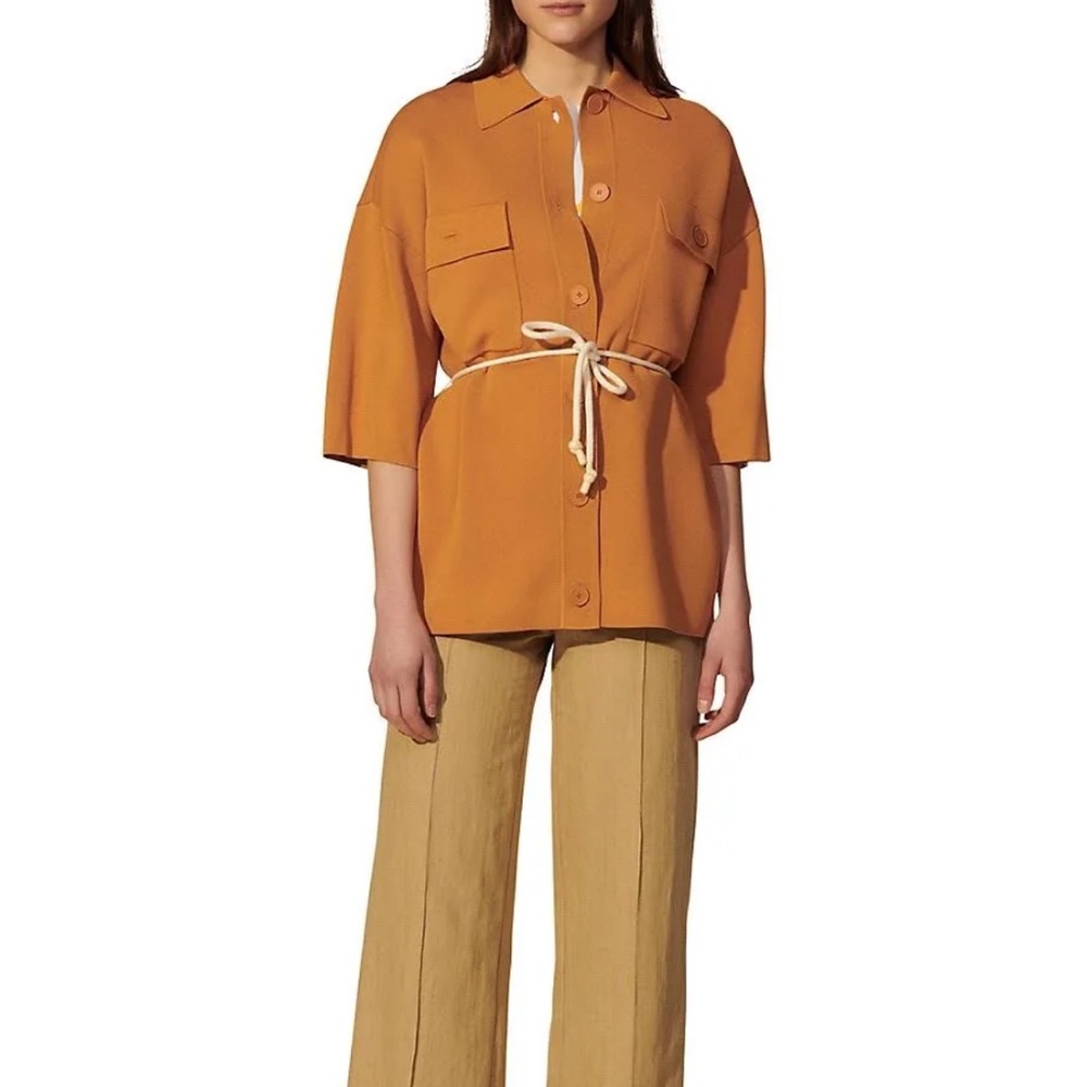 Sandro Martine Belted Over-Shirt Style Cardigan In Ochre - Picture 4 of 14
